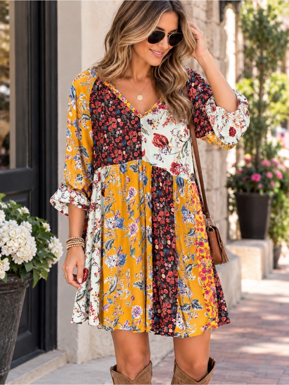 Umgee Yellow Multi Patchwork Floral V-Neck Mini Dress